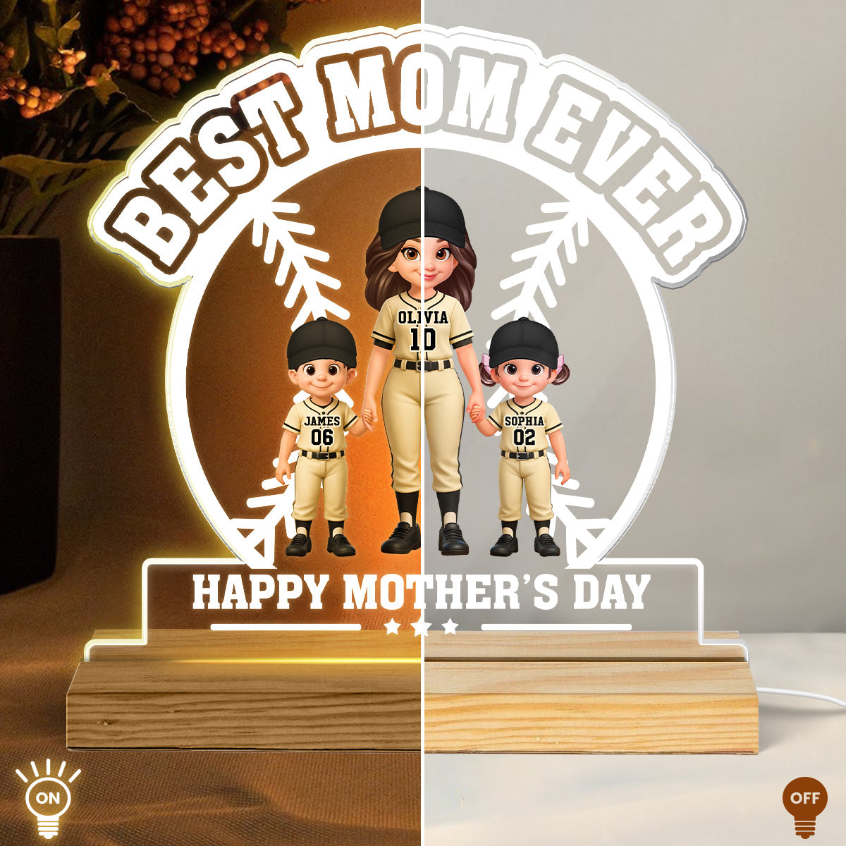 Best Mom Ever Baseball Mom & Kids - Personalized Acrylic Plaque LED Night Light