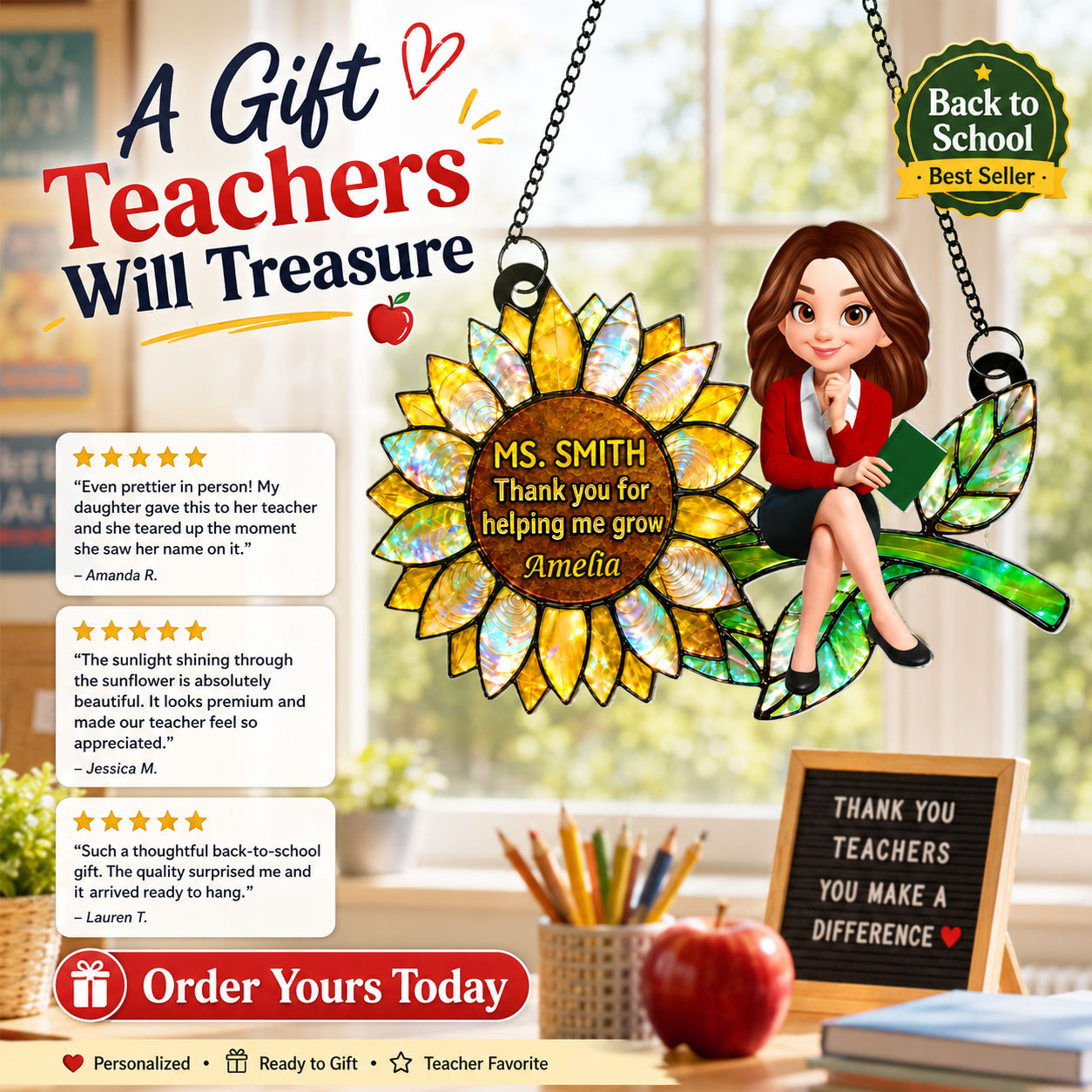 Thank You for Helping Me Grow Teacher - Personalized Acrylic Suncatcher - Teacher Appreciation Gift, End of School Year Gift