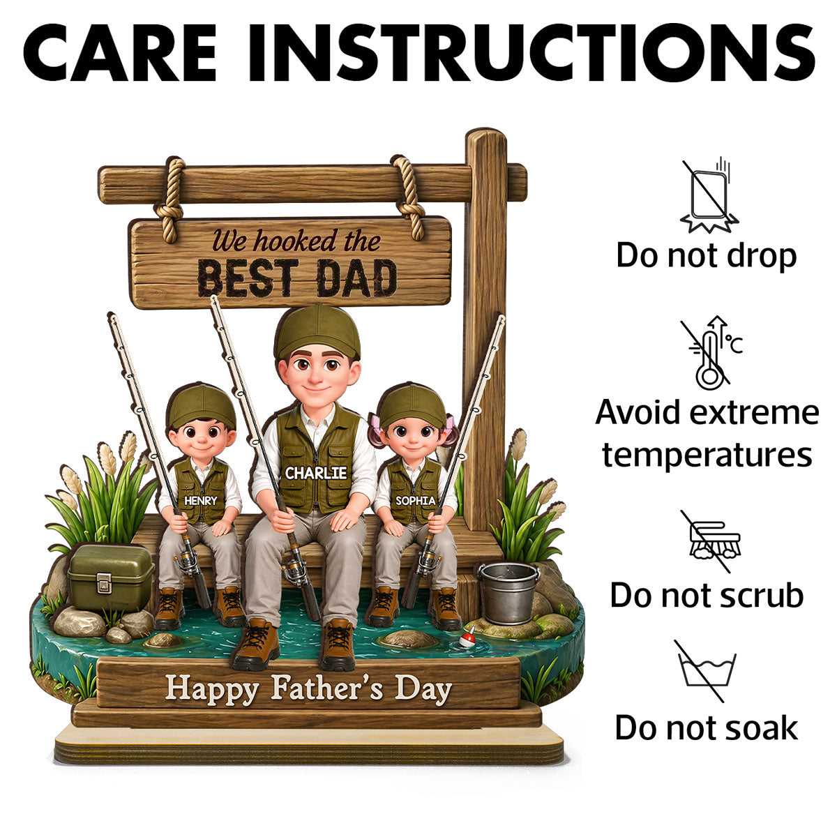 Best Moments Are Spent Together Fishing Dad Kids - Personalized 2-Layered Wooden Plaque - Heartfelt Gift For Fishing Dad, Gift For Husband