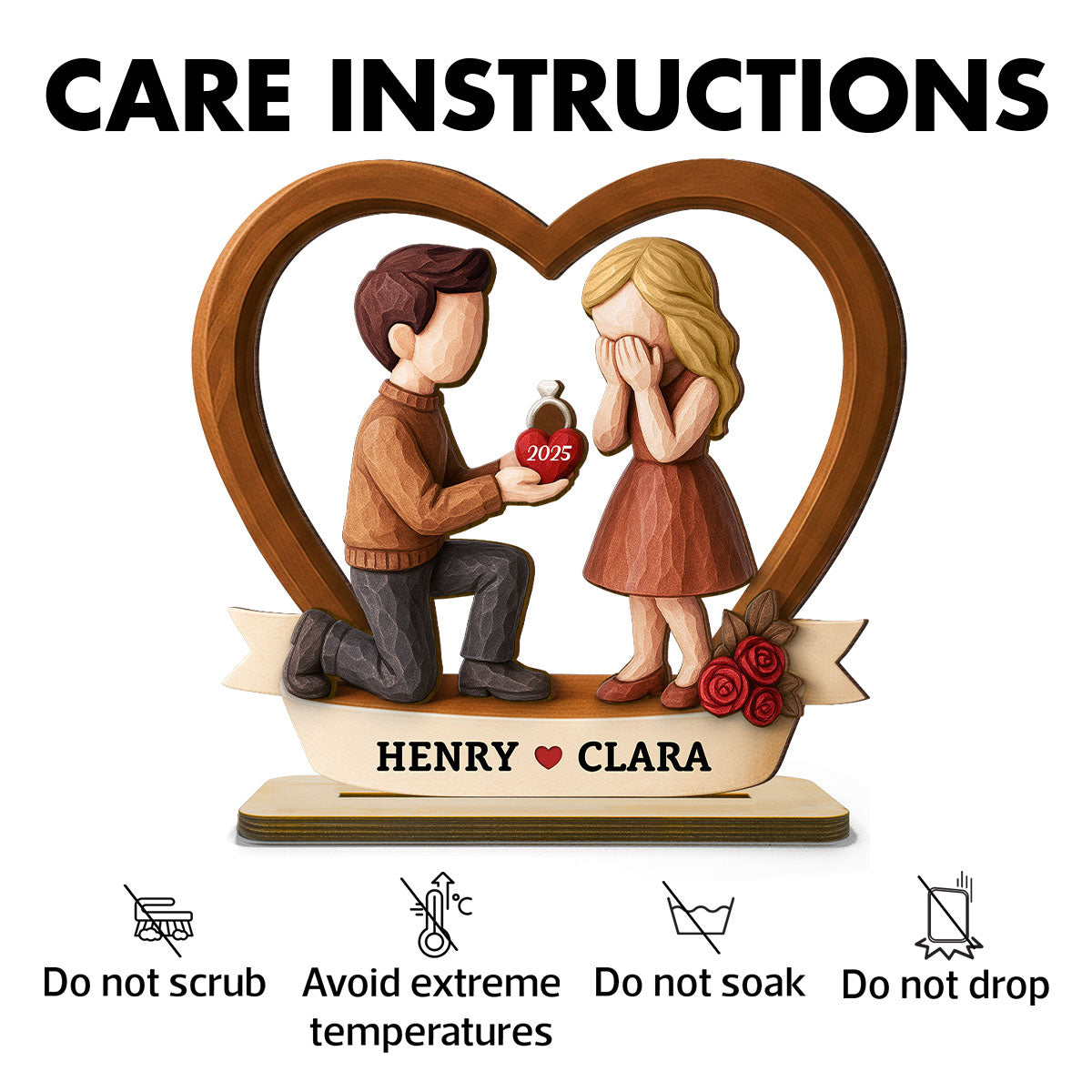 Couple Marriage Proposal 3D Wooden Effect - Personalized Wooden Plaque - Newly Engaged Gift, "She Said Yes!"