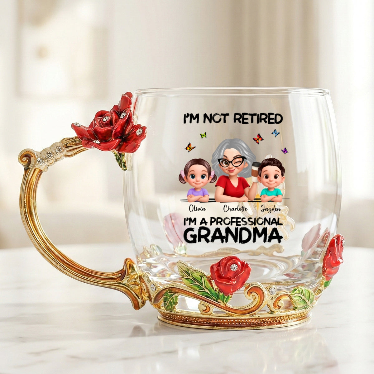 Not Retired Professional Grandma - Personalized Enamel Flower Tea Cup - Gift For Retired Grandma, Mom