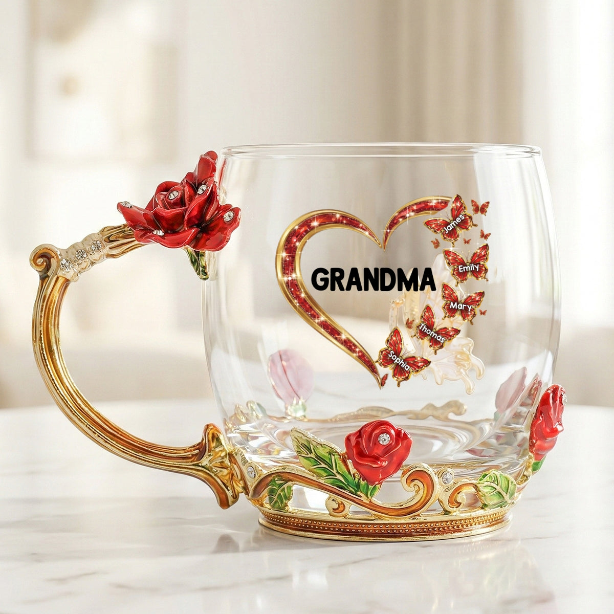 Grandma Butterflies Heart Custom Kids Names - Personalized Enamel Flower Tea Cup - Gift For Grandma, Mom