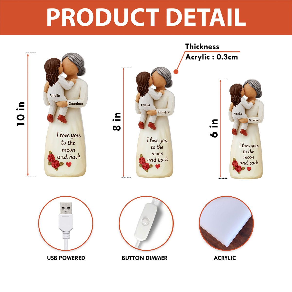 Grandma Hugging Grandkid 3D Effect - Personalized Light Box