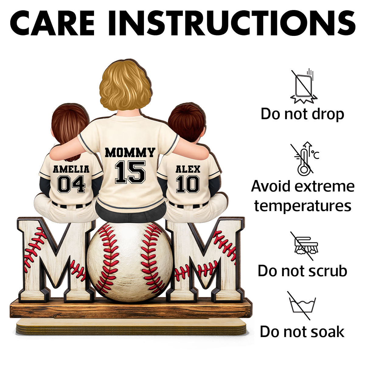 Baseball Mom and Kids Sitting Back View - Personalized 2-Layered Wooden Plaque - Heartfelt Gift for Mom