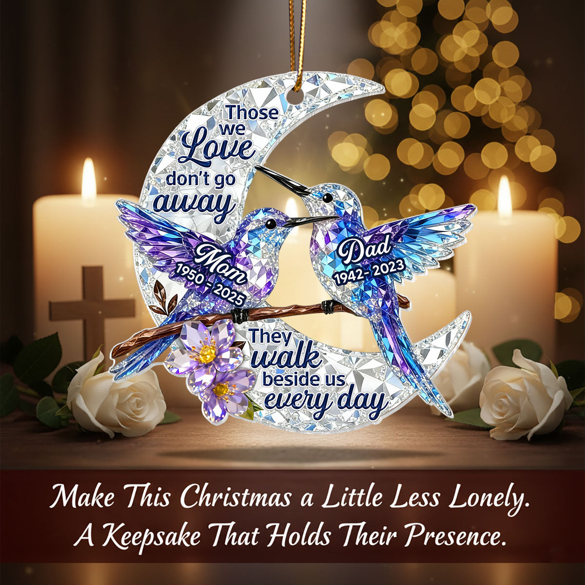 3D Effect Flat Christmas Hummingbird Moon Memorial - Personalized Acrylic Ornament - Remembrance Gift, Sympathy Gift
