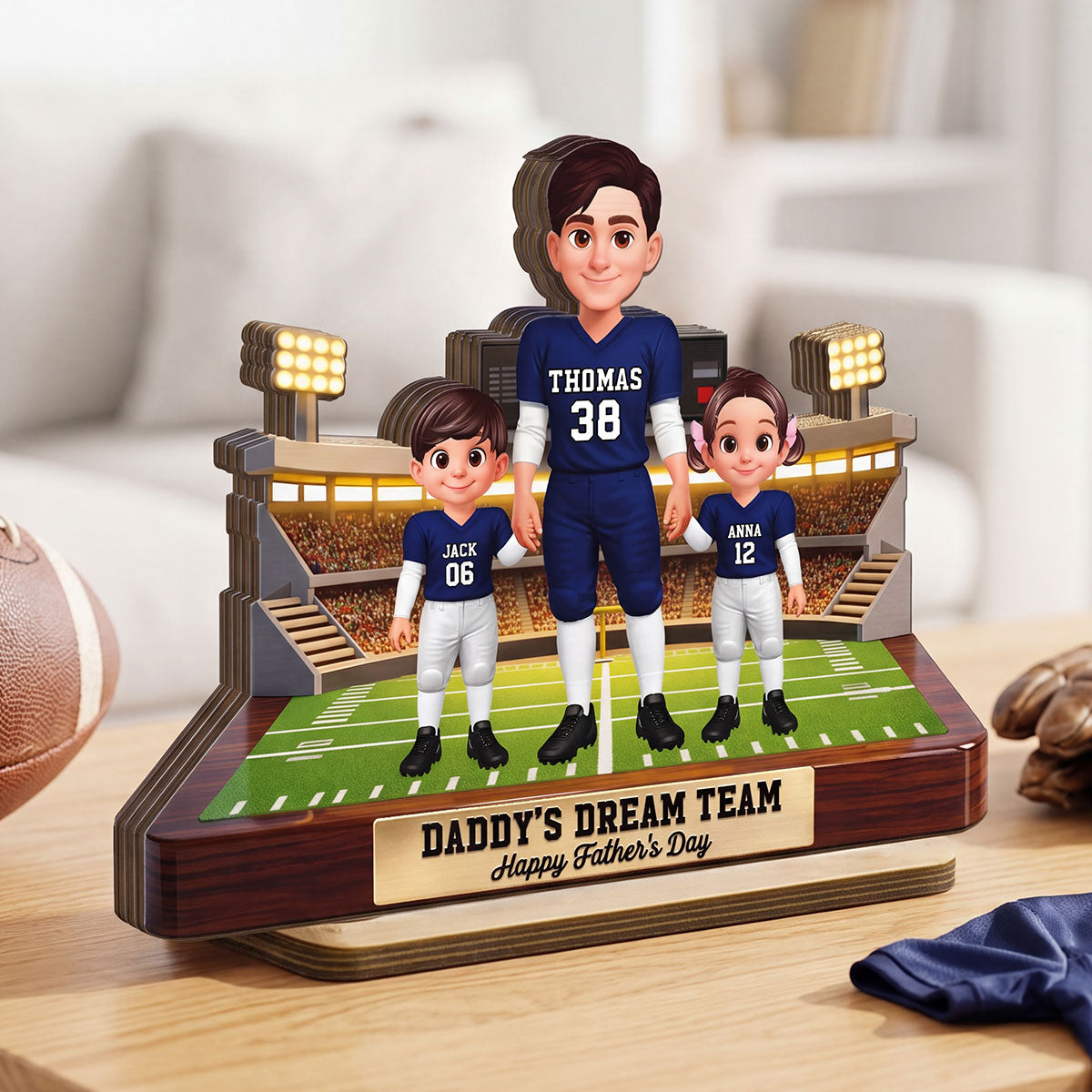 American Football Dad And Kids - Personalized 2-Layered Wooden Plaque - Gift For Dad