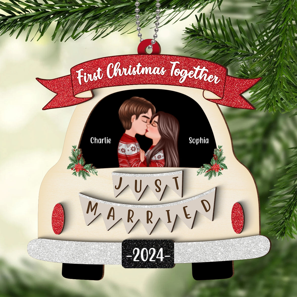 First Christmas Married Couple In Wedding Car Personalized 2-Layer Wooden Ornament, Christmas Gift For Newlyweds
