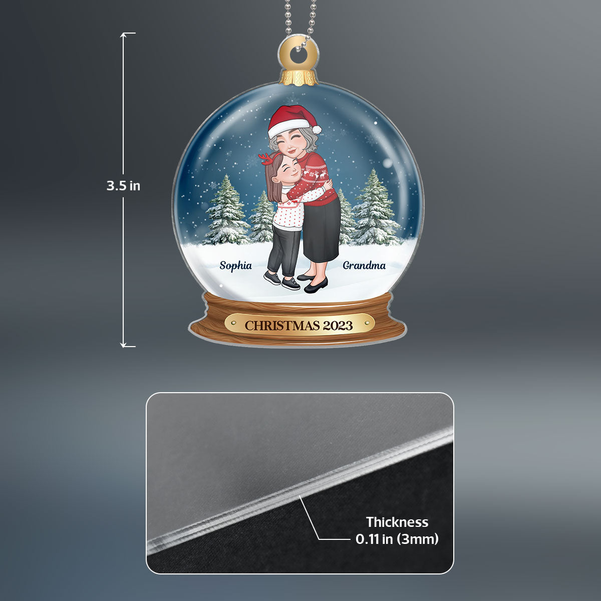 Grandma Hugging Grandkid In Snow Globe Personalized Acrylic Ornament