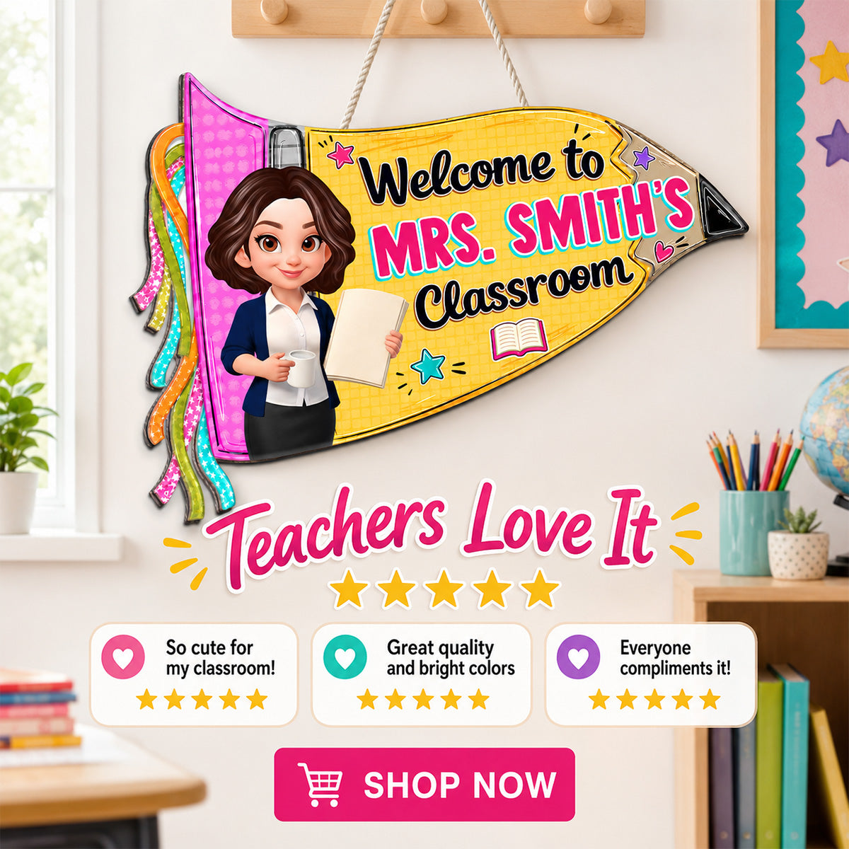 Pencil Pennant Flag Welcome To Teacher Classroom - Personalized Door Hanger