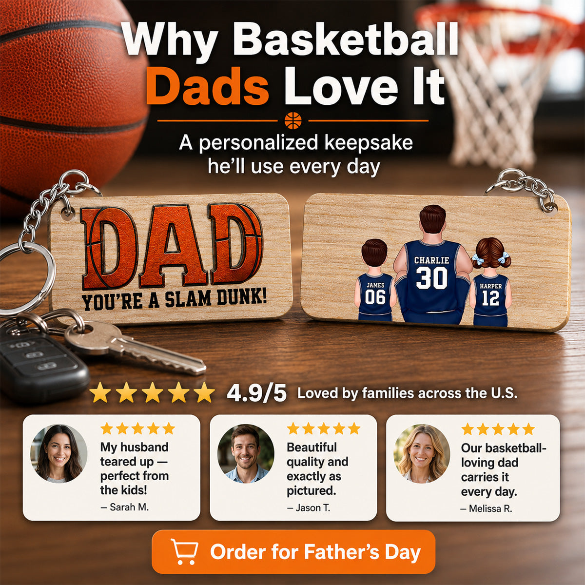 Dad You Are Our MVP Sitting Basketball Man & Kids - Personalized Wooden Keychain - Father's Day Gift For Basketball Dad