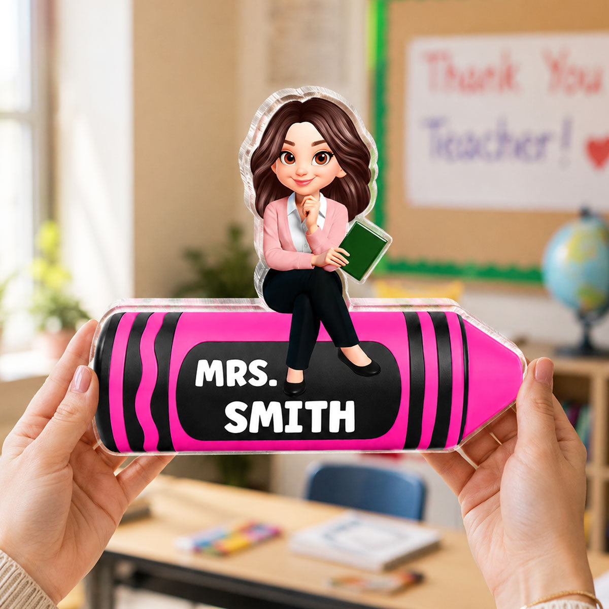 Teacher Sitting On Beautiful Crayon - Personalized Acrylic Block Plaque - Back To School Gift For Teacher, Classroom Decor