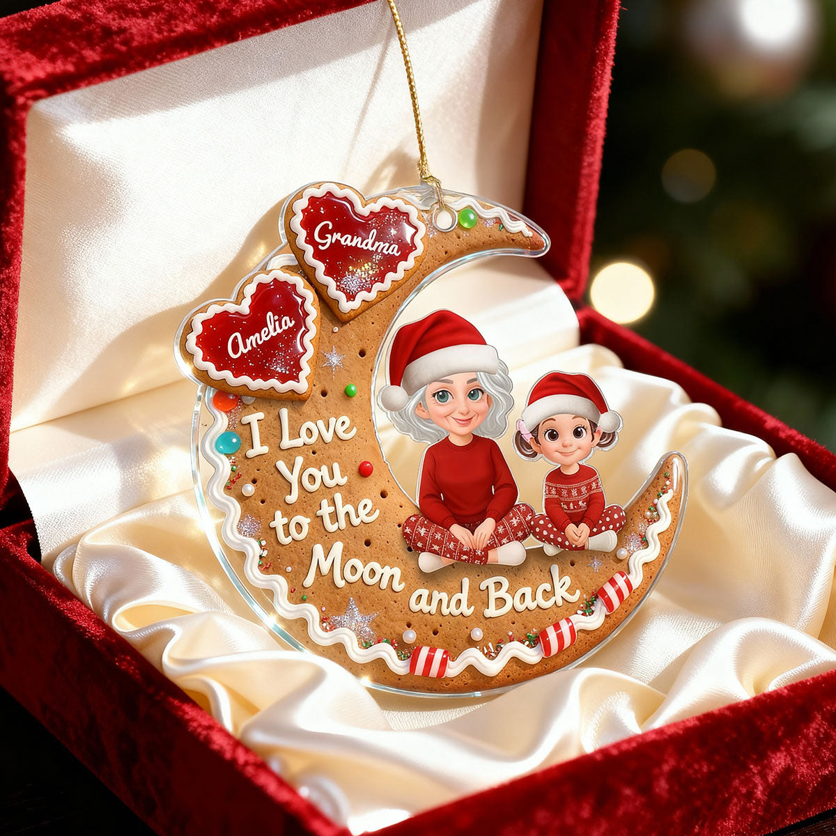 3D Effect Gingerbread Moon Grandma Grandkid Love You To The Moon And Back - Personalized Acrylic Ornament - Christmas Gift For All Grandkids