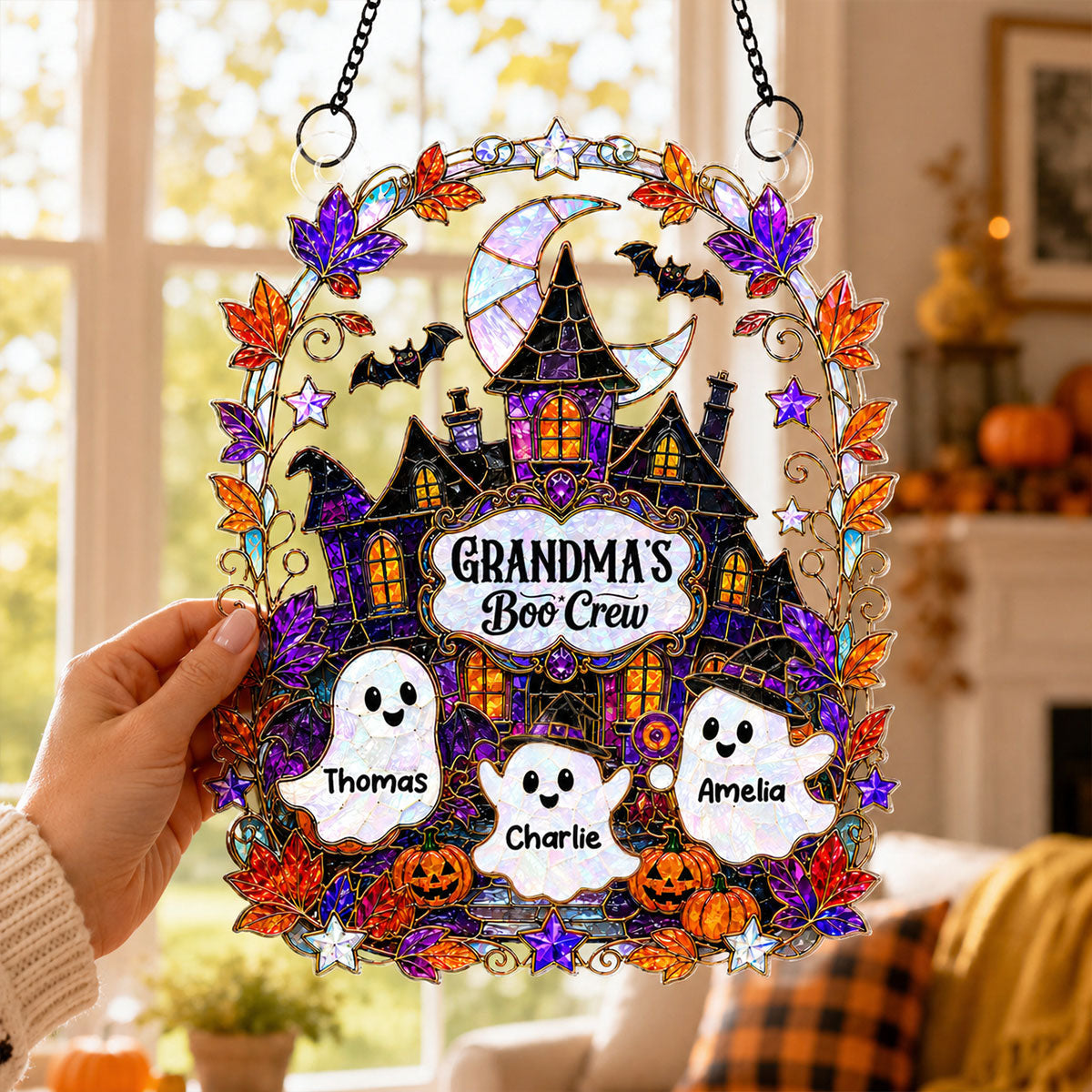 Whimsical Grandma's Boo Crew Haunted House - Personalized Acrylic Window Hanging - Halloween Decoration For Grandma