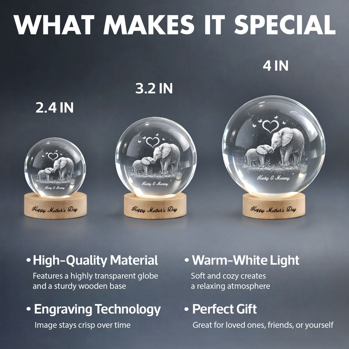 Elephant Mom and Kids - Personalized Crystal Ball LED Night Light - Heartfelt Mother's Day Gift for Mom