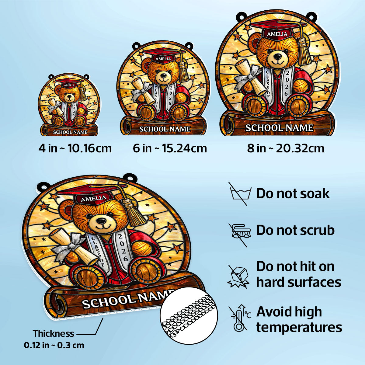 Graduation Teddy Bear With Diploma And Cap - Personalized Suncatcher - Gift For Senior
