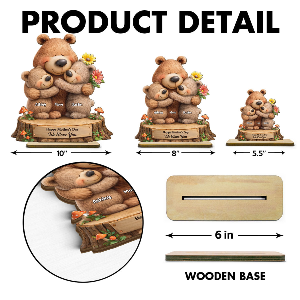 Loving Bears Mom & Kids - Personalized 2-Layered Wooden Plaque - Heartfelt Mother's Day Gift for Mom