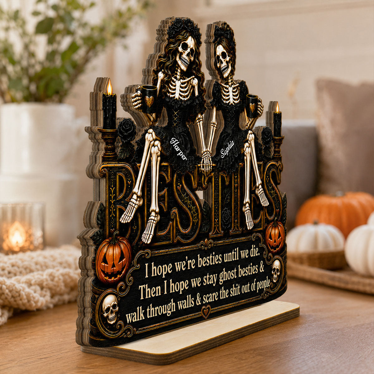 Skeleton Besties Sitting On Word 2D Flat - Personalized 2-Layered Wooden Plaque - Funny Work Bestie Gift, Halloween Keepsake For Best Friends