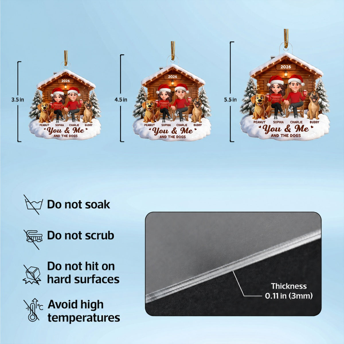 3D Effect Christmas Couple And Dog Cat Wooden Cabin - Personalized Acrylic Ornament - Heartfelt Gift For Couple