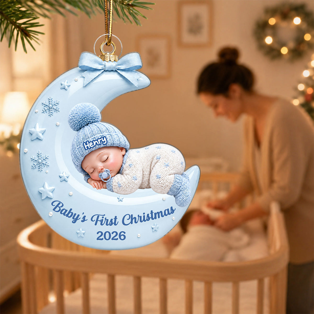 Pastel Pink Baby On Moon - Personalized Acrylic Ornament - Unique Christmas Gift For New Parent, Newborn Keepsake