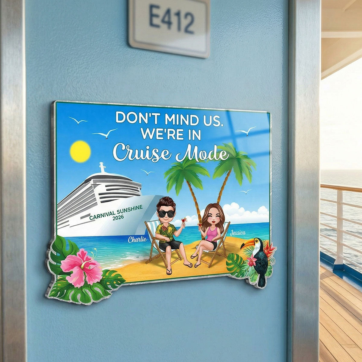 We're In Cruise Mode Doll Couple Sitting On The Beach - Personalized Cruise Ship Door Magnet