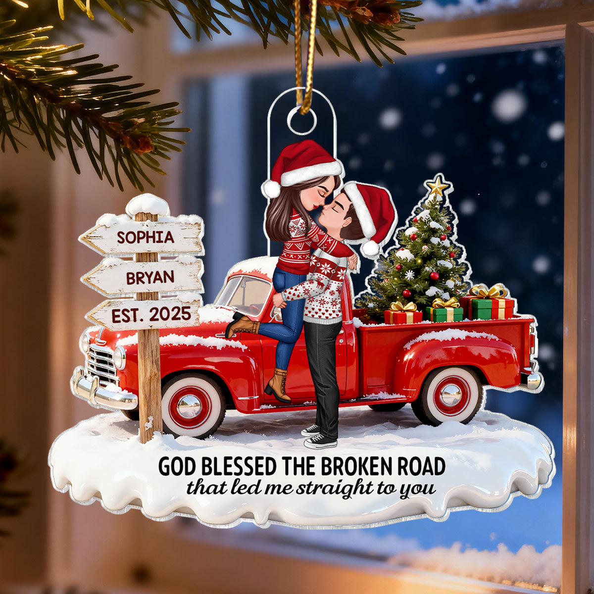 3D Effect Christmas Nostalgia Christmas Truck Couple God Bless The Broken Road - Personalized Acrylic Ornament - Romantic Gift For Couple, Farmhouse Decor