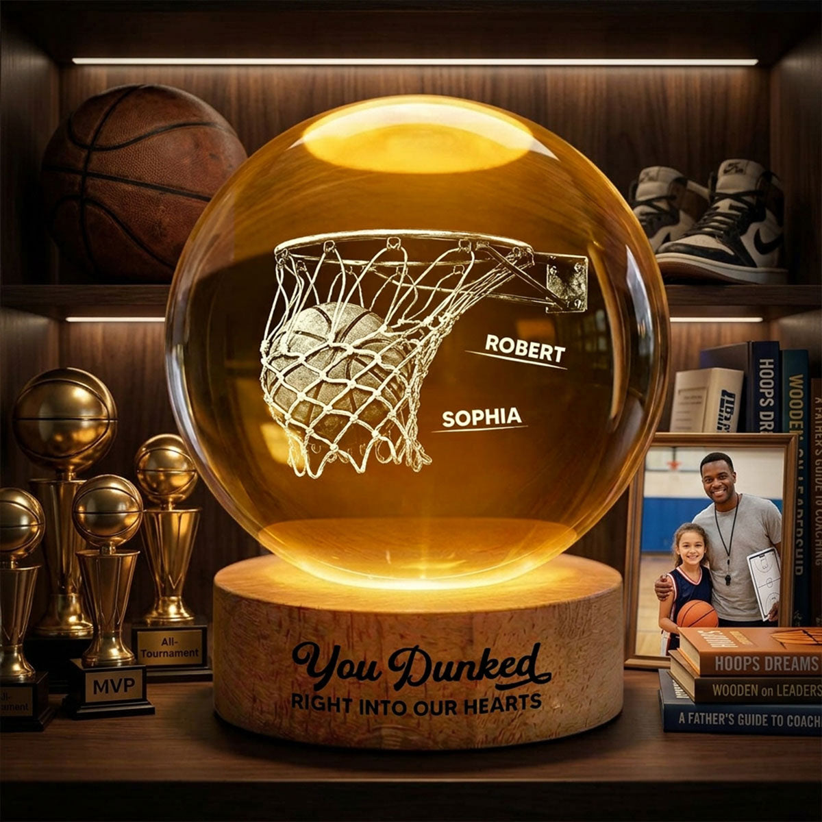 We Dunked Right Into Our Heart - Personalized Crystal Ball LED Night Light - Gift For Basketball Dad
