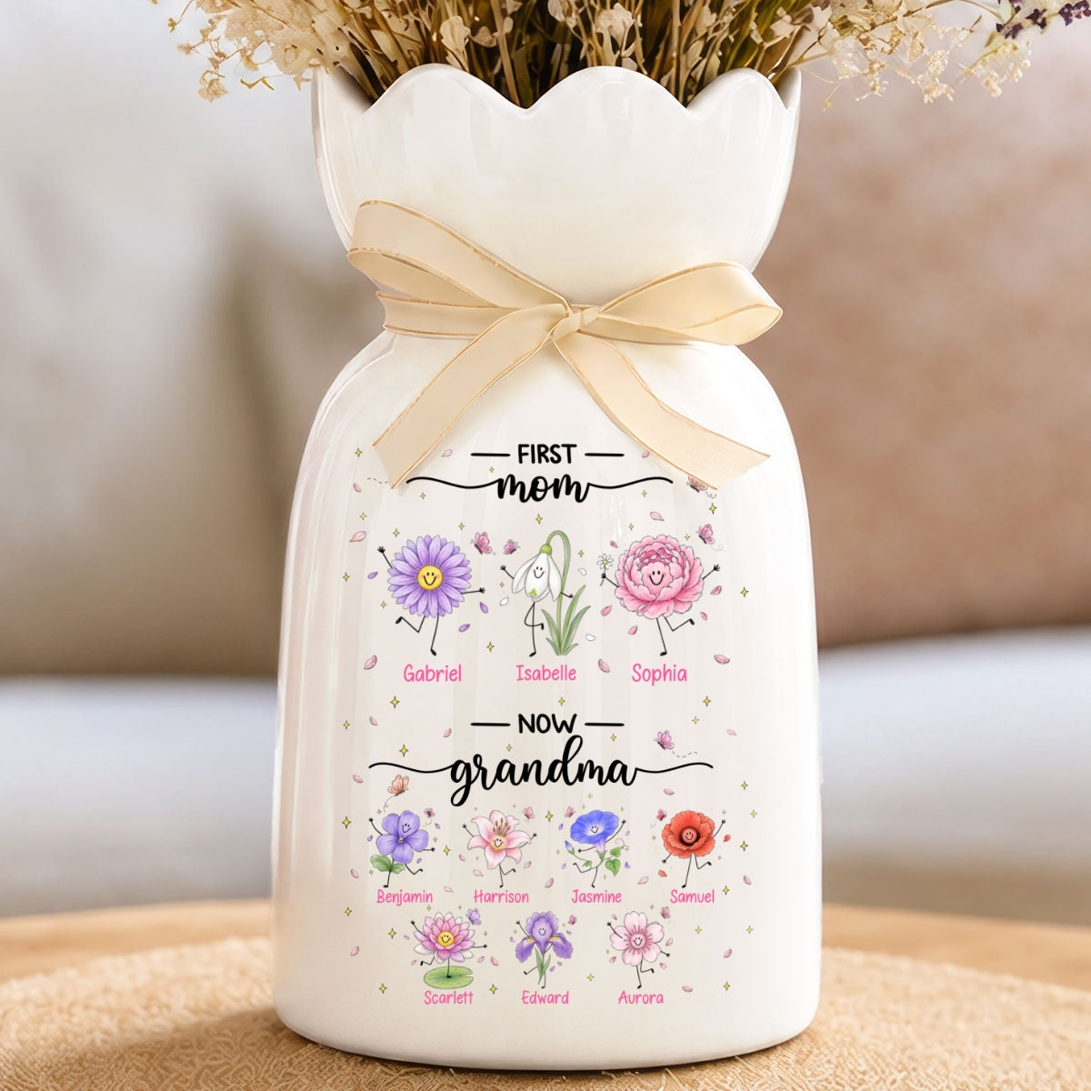 First Mom Now Grandma Doodle Birth Flowers - Personalized Ceramic Flower Vase - Gift For Grandma, Mom