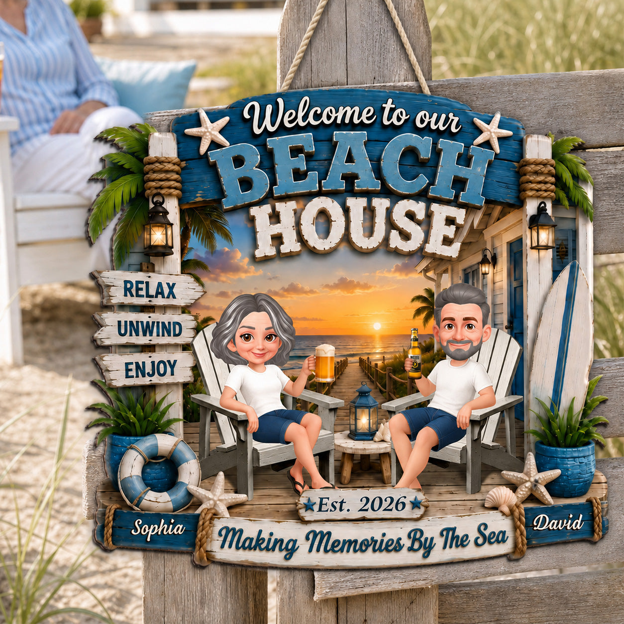 Welcome To Our Beach House - Personalized Wood Sign - Gift For Couple, Summer Decoration