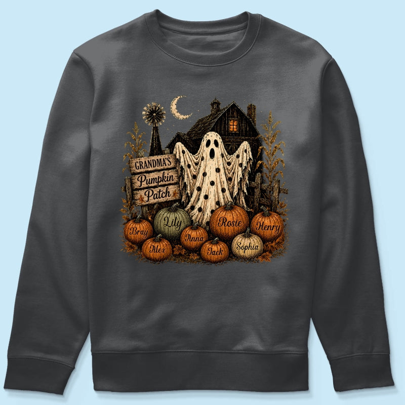 Grandma's Pumpkin Patch Haunted House - Personalized Shirt - Cozy Fall Halloween Tee for Grandma