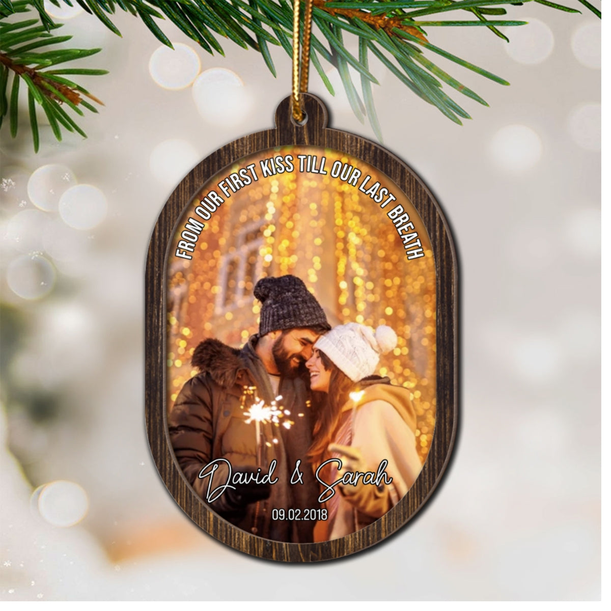 Couple Upload Photo Christmas - Personalized 2-Layered Wooden Ornament