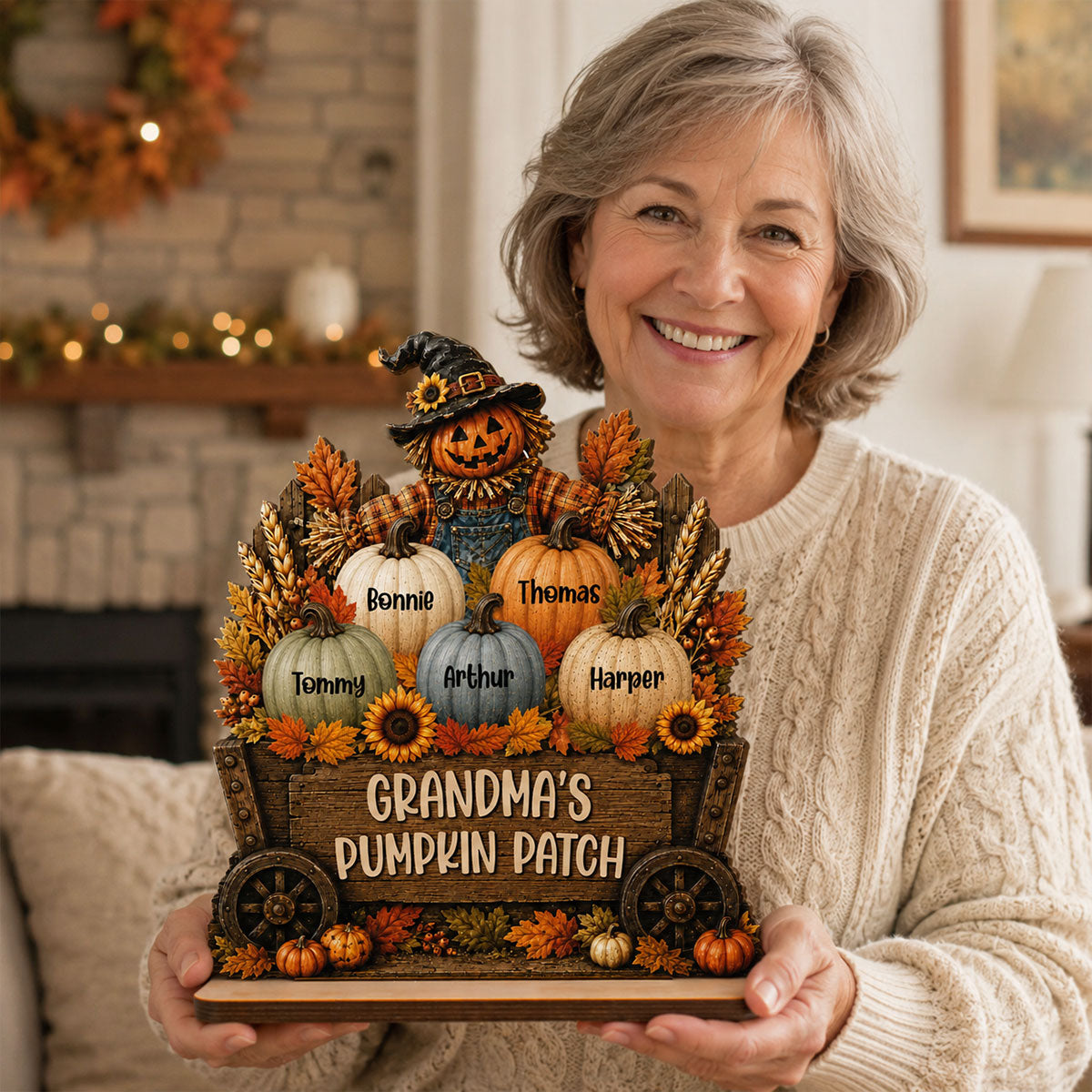 Grandma's Pumpkin Patch Scarecrow Pumpkins On Wagon 2D Flat - Personalized 2-Layered Wooden Plaque - Rustic Fall Decor