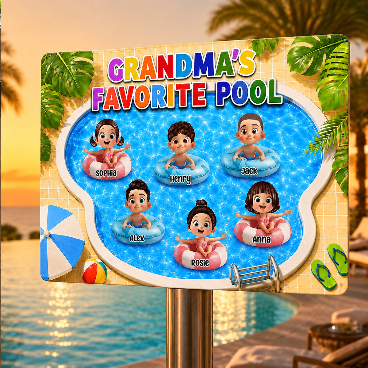 Grandma's Favorite Pool - Personalized Metal Sign - Summer Decor Gift for Grandma, Mom, Wife