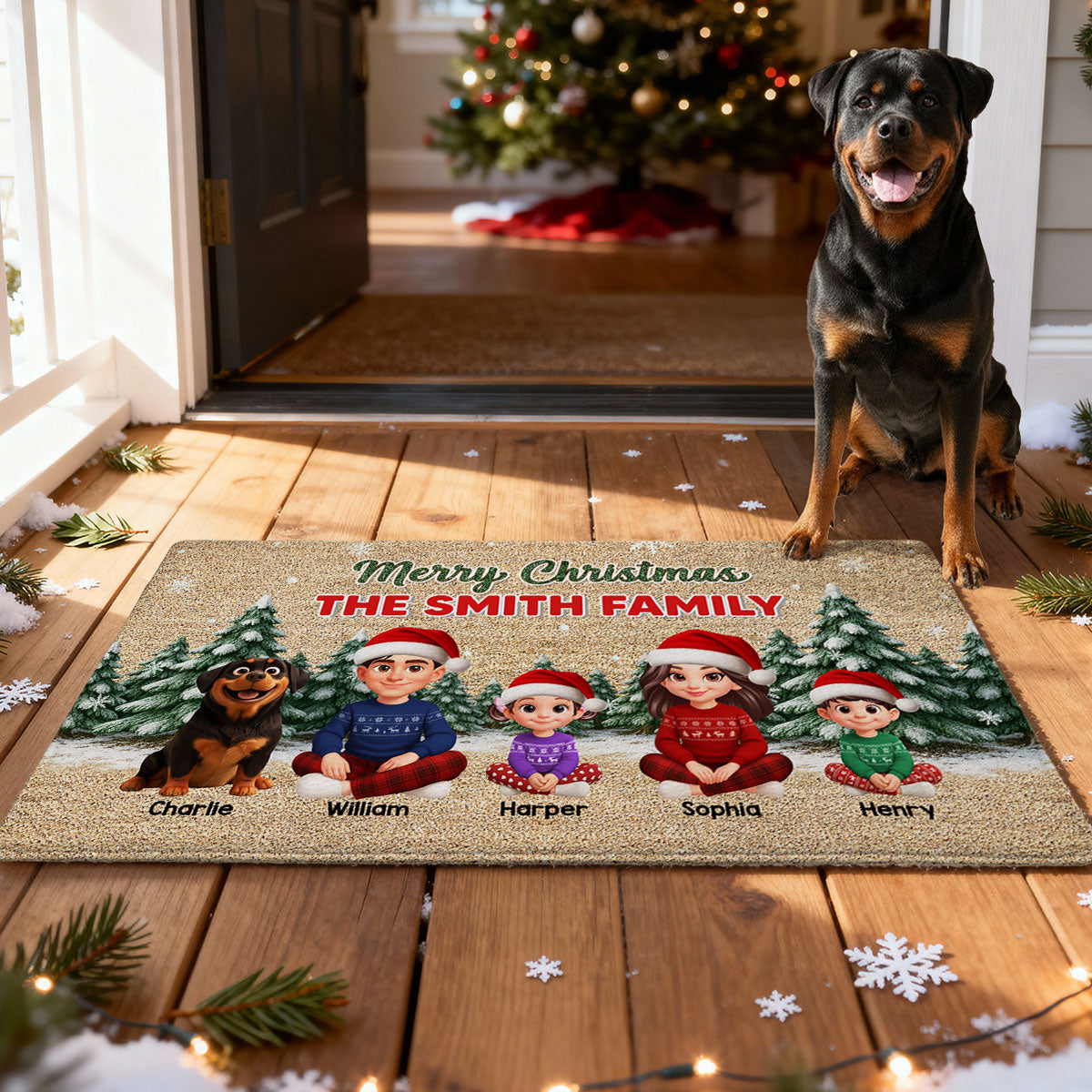 3D Effect Snowy Christmas Tree Beautiful Family Together Christmas - Personalized Doormat