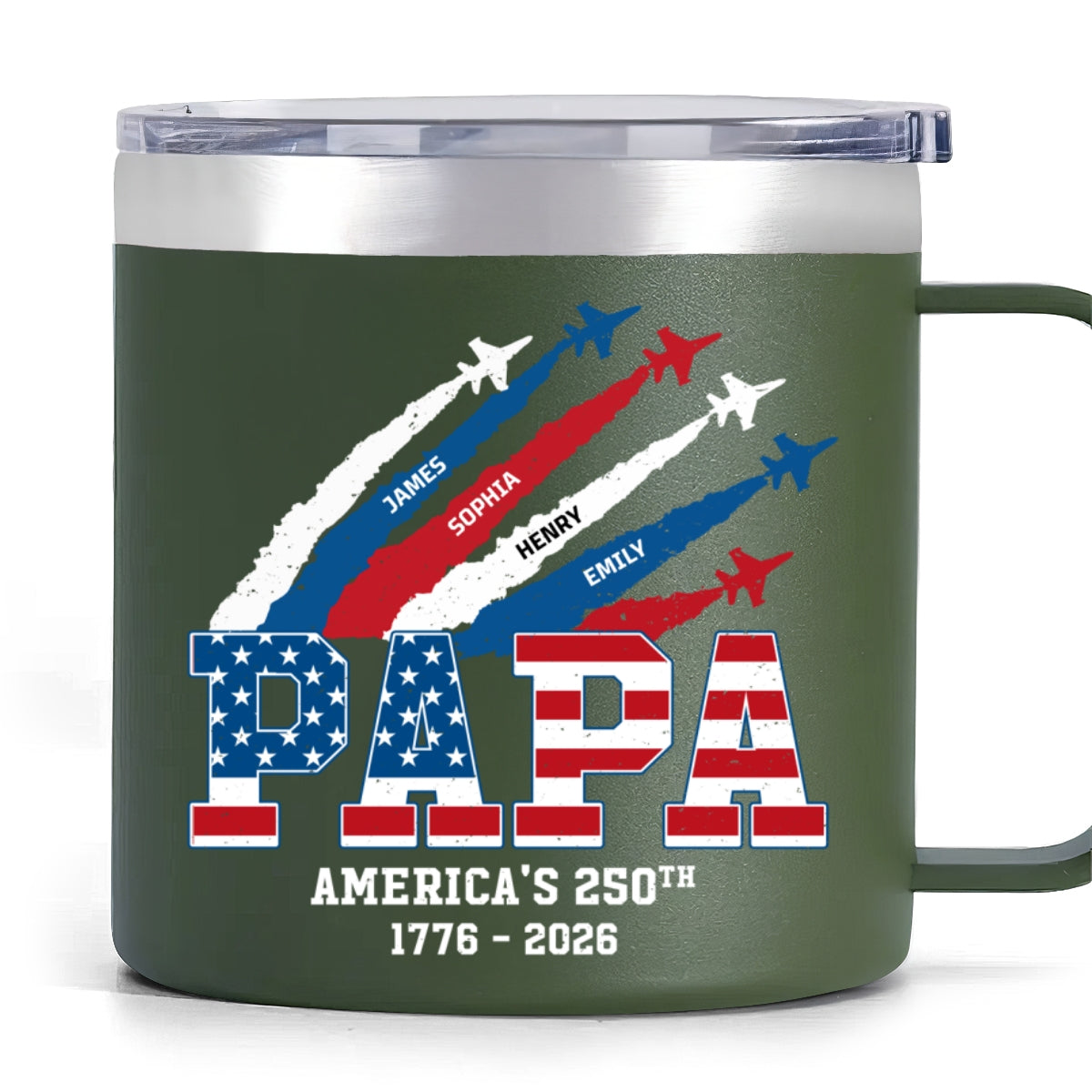 Proud Dad Grandpa Nation Flag American 250th Anniversary - Personalized Tumbler With Handle - Father's Day Gift For Patriotic Dad, Grandpa