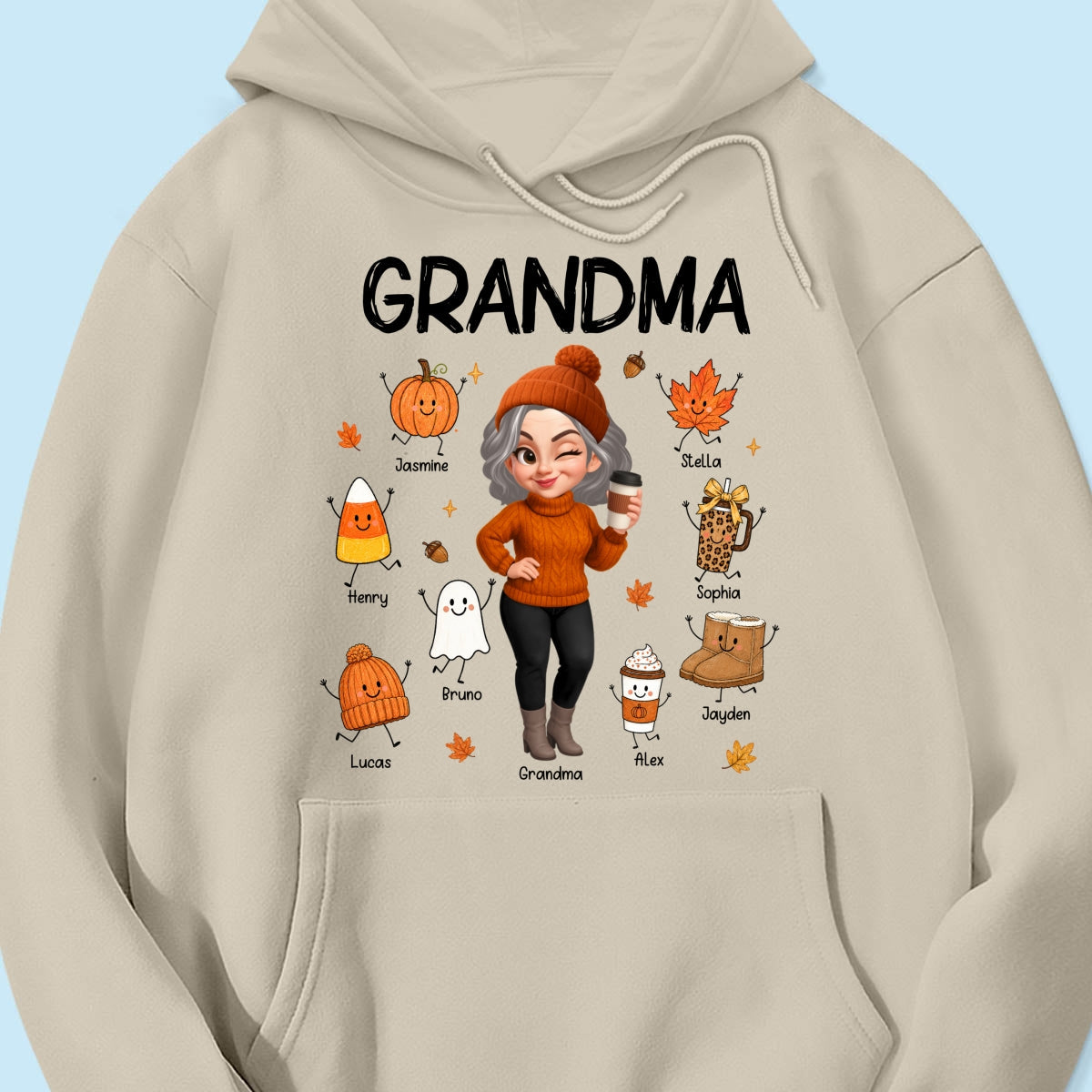 Fall Season Grandma Custom Grandkids Doodle Fall Symbols - Personalized Shirt - Fall Gift For Grandma