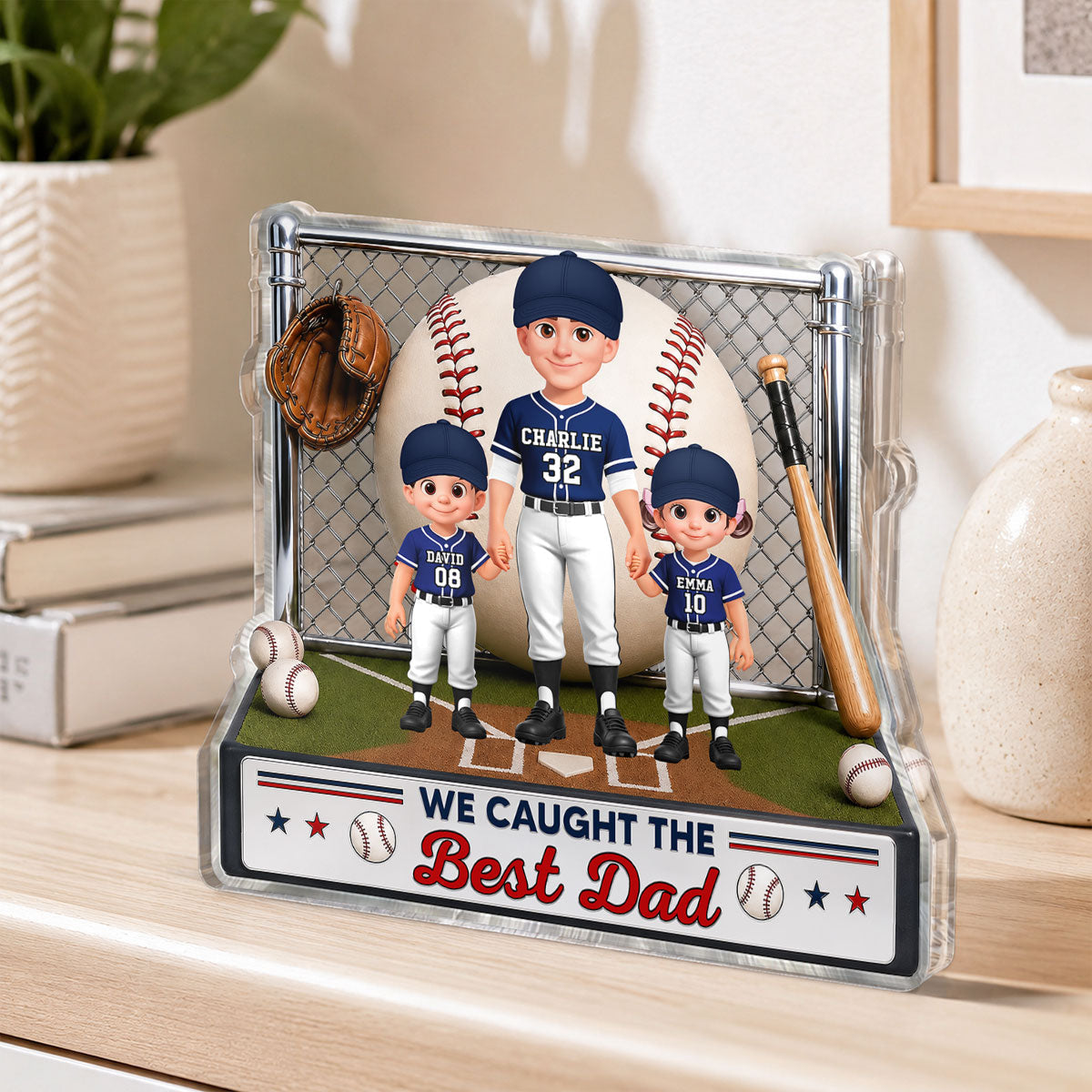 Baseball Dad And Kids We Caught The Best Dad - Personalized Acrylic Block Plaque - Gift For Dad, Husband