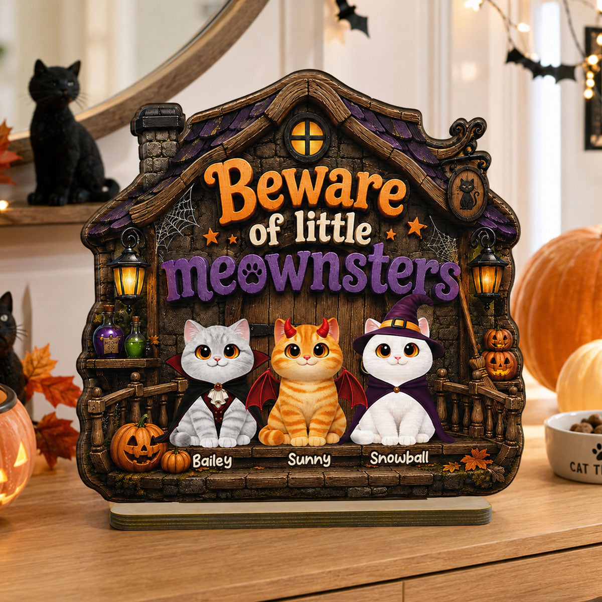 Spooky Halloween Beware of Little Meownsters Cats - Personalized 2-Layered Wooden Plaque - Halloween Gift For Cat Lovers, Halloween Decor