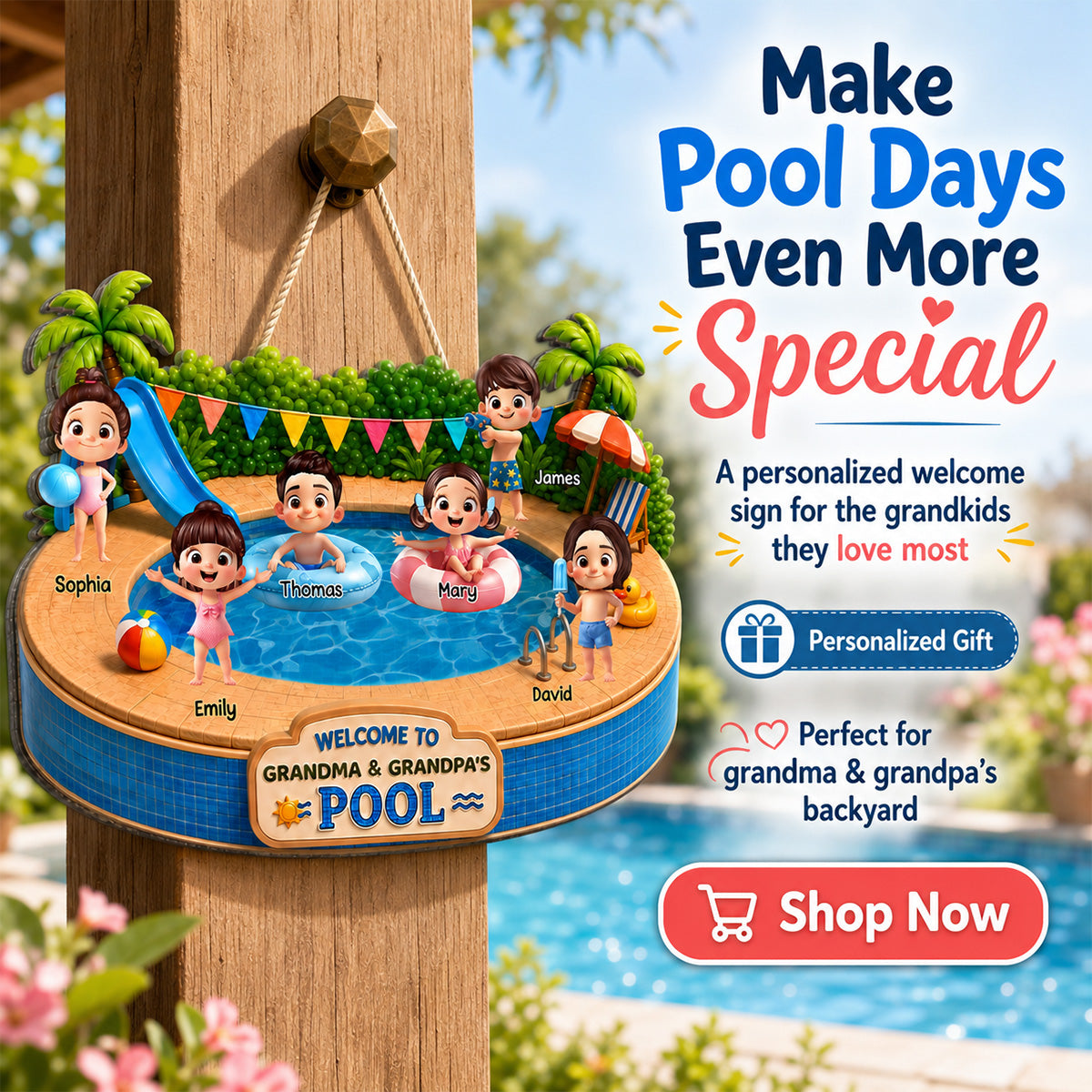 Welcome To Grandma Grandpa Pool Playful Kids 2D Flat - Personalized Wood Sign