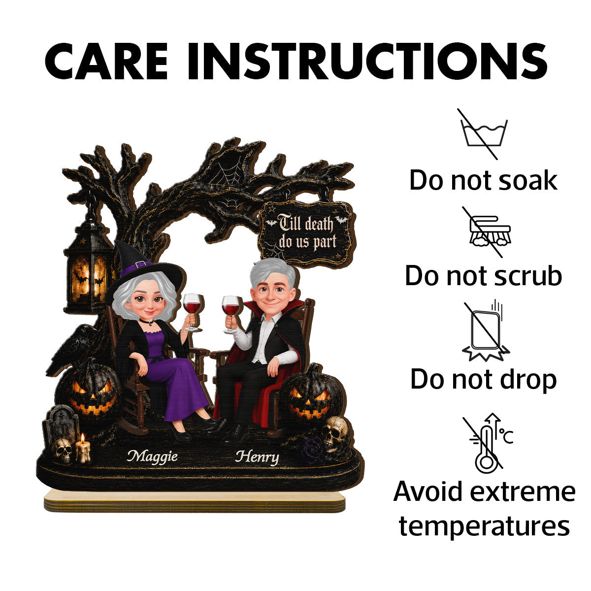 Couple Sitting Under Spooky Halloween Tree 2D Flat - Personalized 2-Layer Wooden Plaque - Tabletop Tier Tray Wicca Pagan Decor