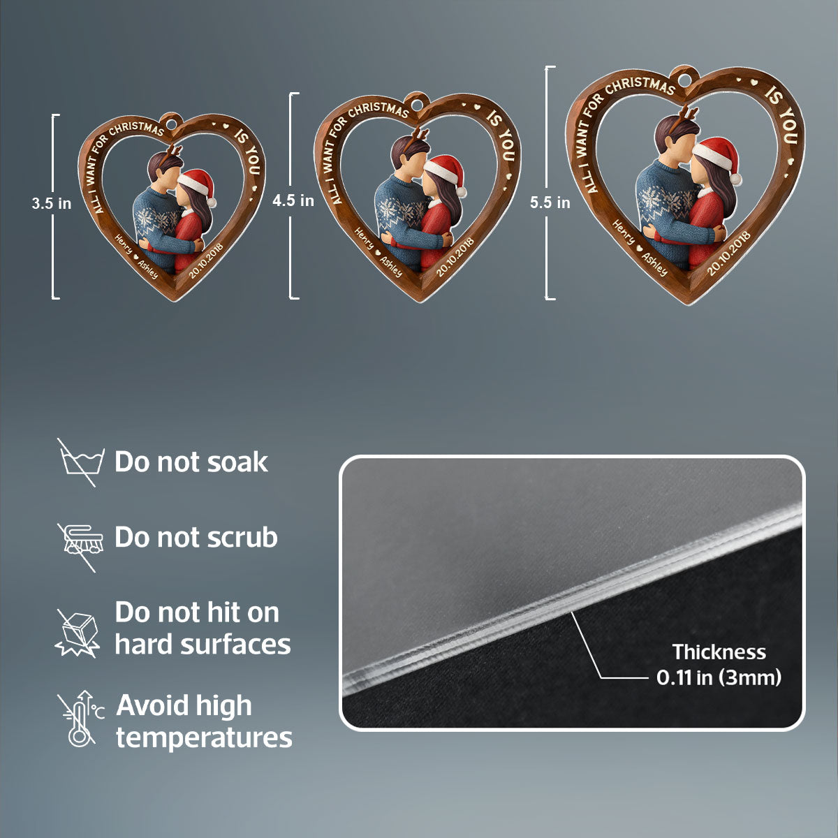 3D Effect Wooden Couple All I Want for Christmas is You - Personalized Acrylic Ornament - Christmas Gift for Couples