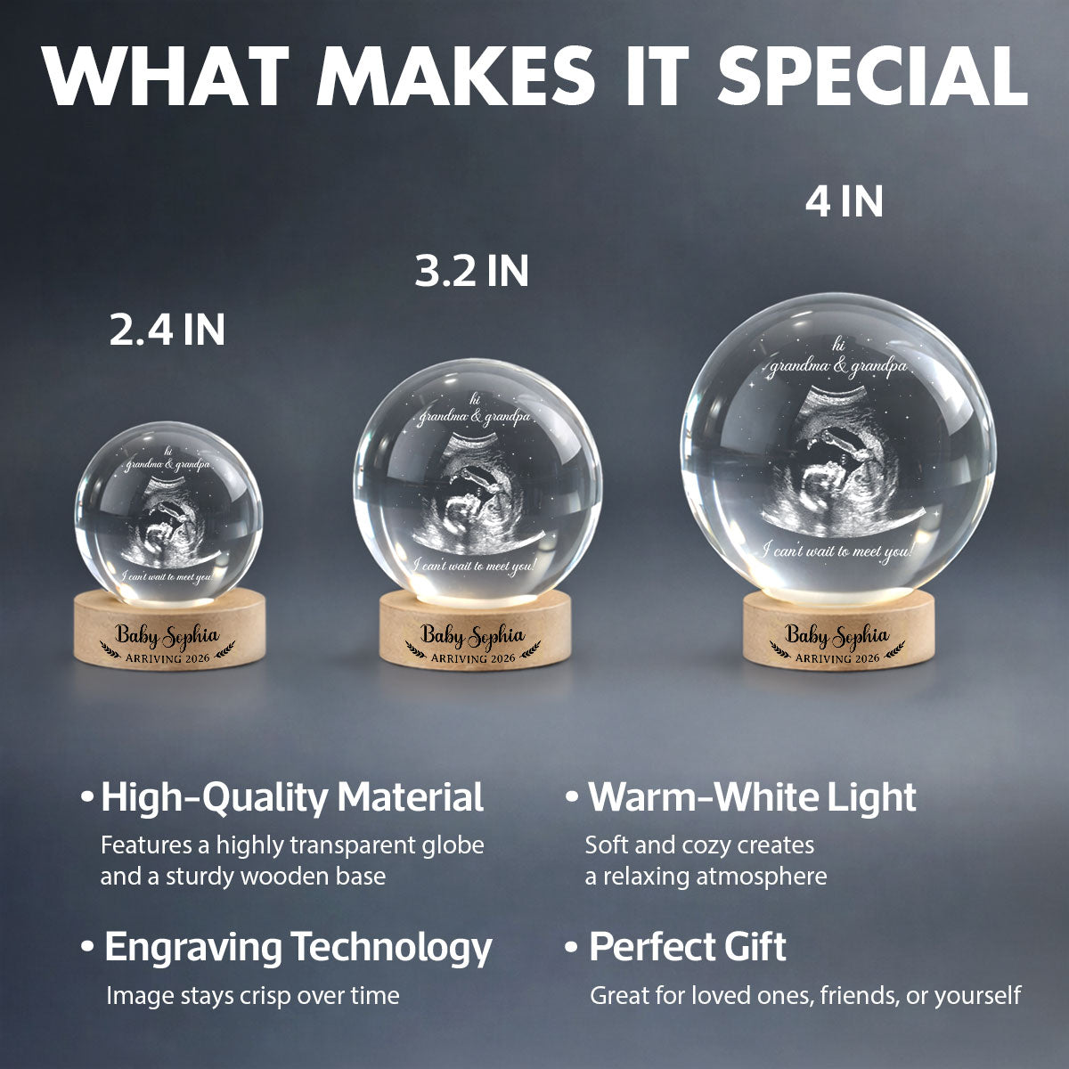 Baby Arriving Custom Baby Ultrasound - Personalized Crystal Ball LED Night Light - Pregnancy Reveal, Mother's Day Gift for 1st Time Grandma