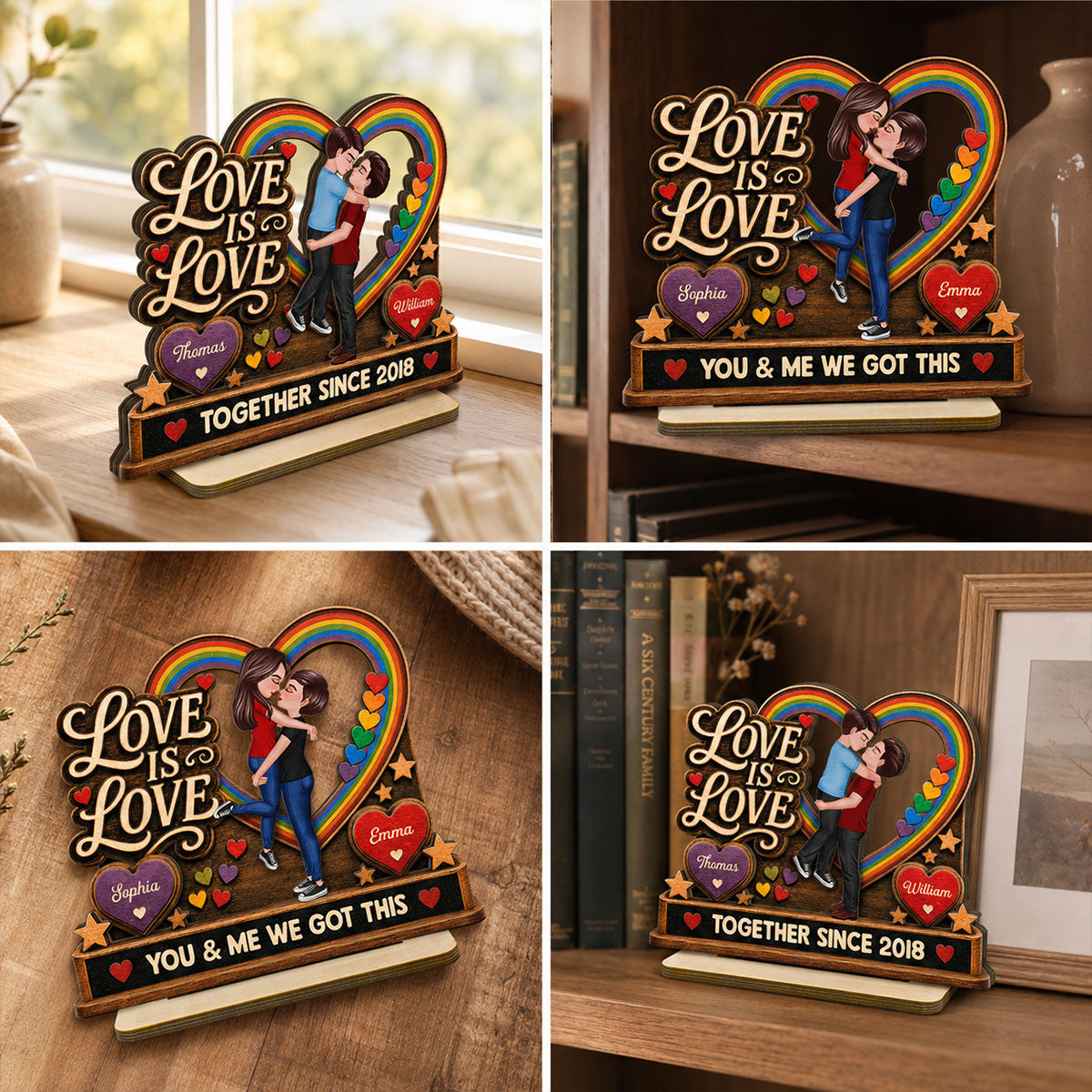 Love Is Love LGBTQ+ Couple Kissing - Personalized 2-Layered Wooden Plaque - Pride Month Gift For Couple