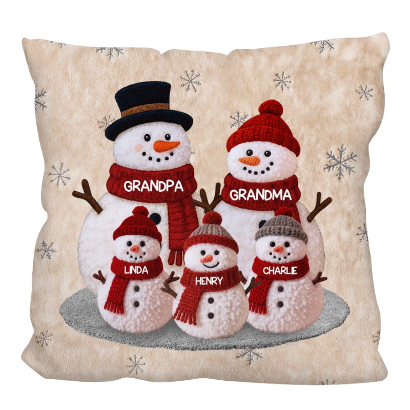 3D Effect Fleece Texture Christmas Grandma Grandkids Snowman Together - Personalized Pillow - Heartwarming Gift For Grandparents