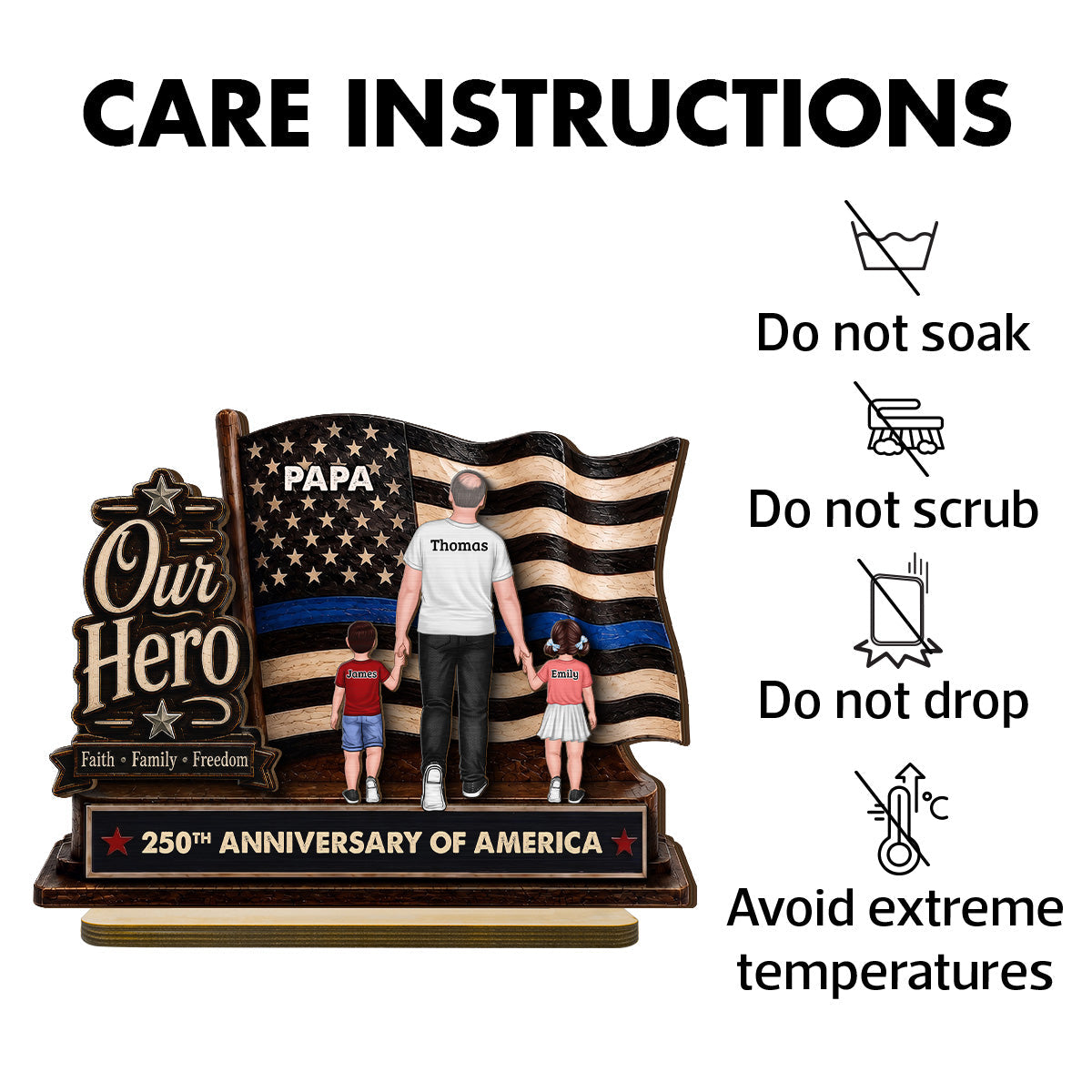 Dad Grandpa Our Hero American Flag 2D Flat - Personalized 2-Layered Wooden Plaque - Gift For Patriotic Dad, Grandpa, Husband
