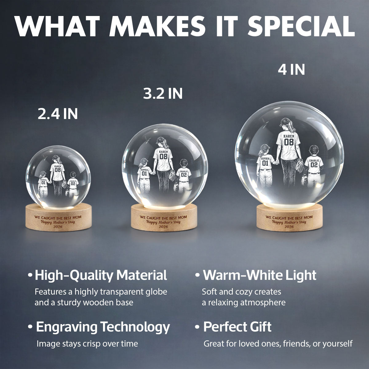 We Caught the Best Mom - Personalized Crystal Ball LED Night Light - Mother's Day Gift for Mom, Wife