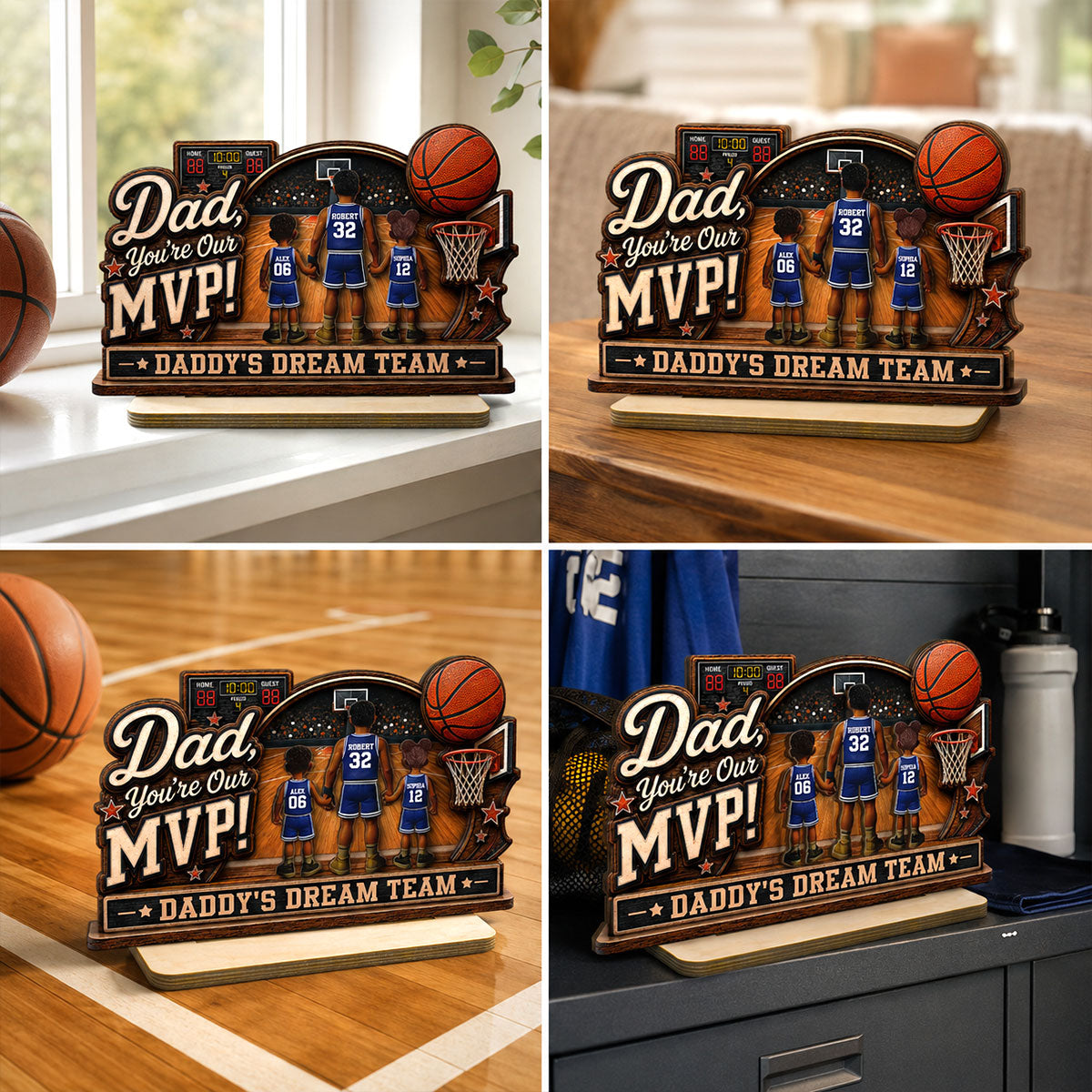 Dad You Are Our MVP Standing Basketball Man & Kids 2D Flat - Personalized 2-Layered Wooden Plaque - Gift For Basketball Dad
