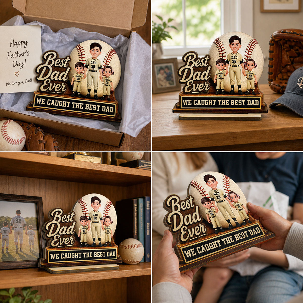 We Caught The Best Dad Dad & Kids - Personalized 2-Layered Wooden Plaque - Happy For Baseball Softball Dad