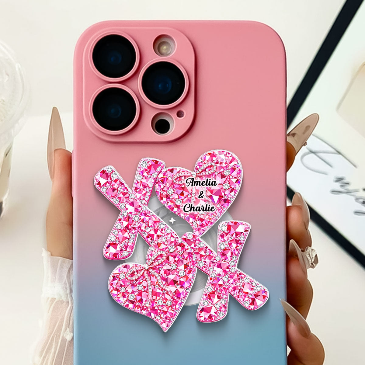 3D Effect Valentine Heart XOXO - Personalized Acrylic Magnetic Phone Grip - Anniversary, Valentine's Day Gift, Gift For Her