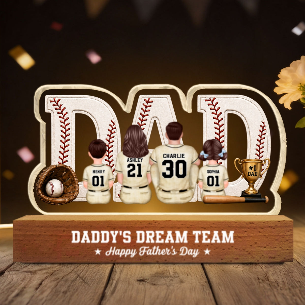 Baseball Family Daddy's Dream Team - Personalized Acrylic Block Plaque LED Night Light - Father's Day Gift For Dad, Husband