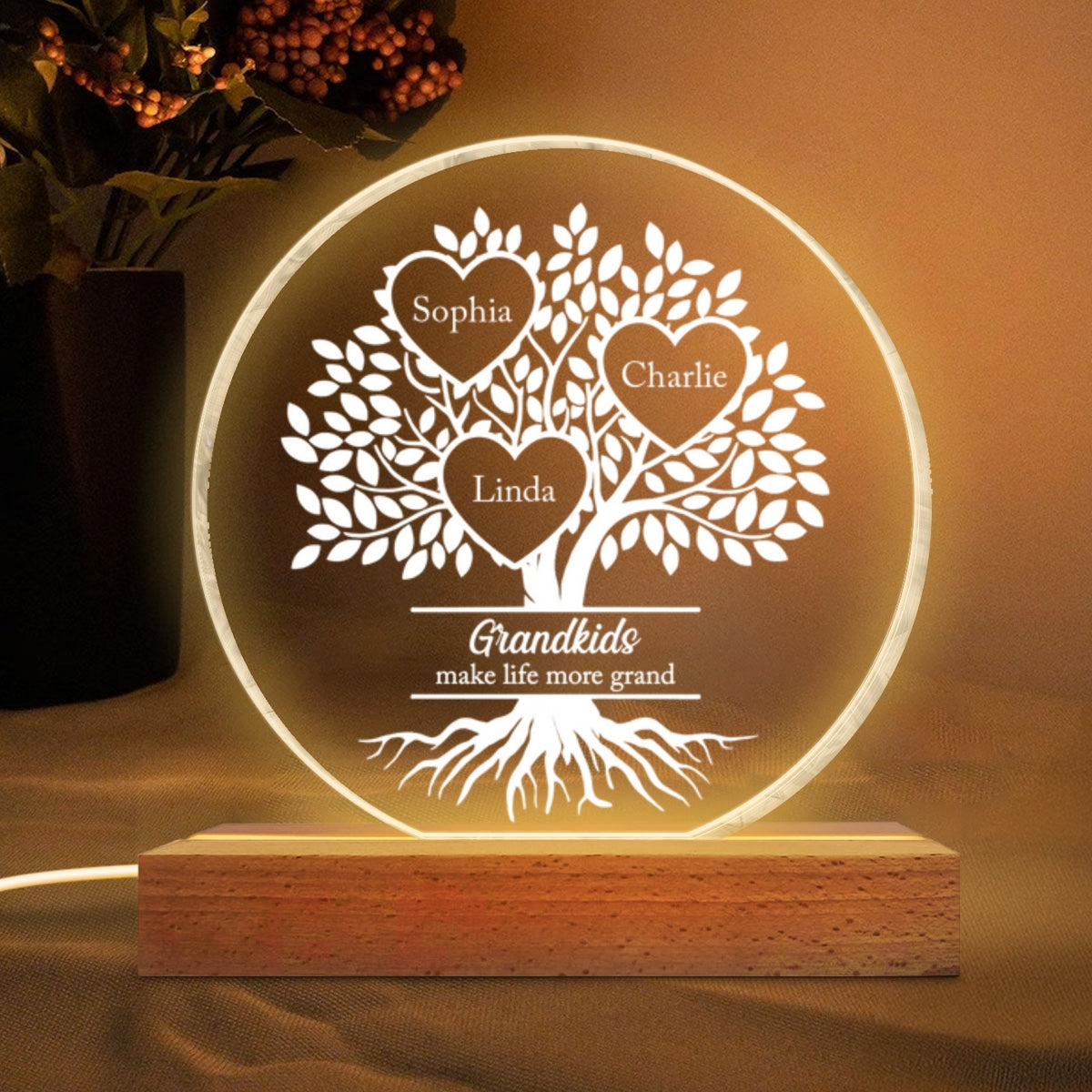 Grandkids Make Life More Grand - Personalized Acrylic Block LED Night Light - Heartfelt Gift for Grandma